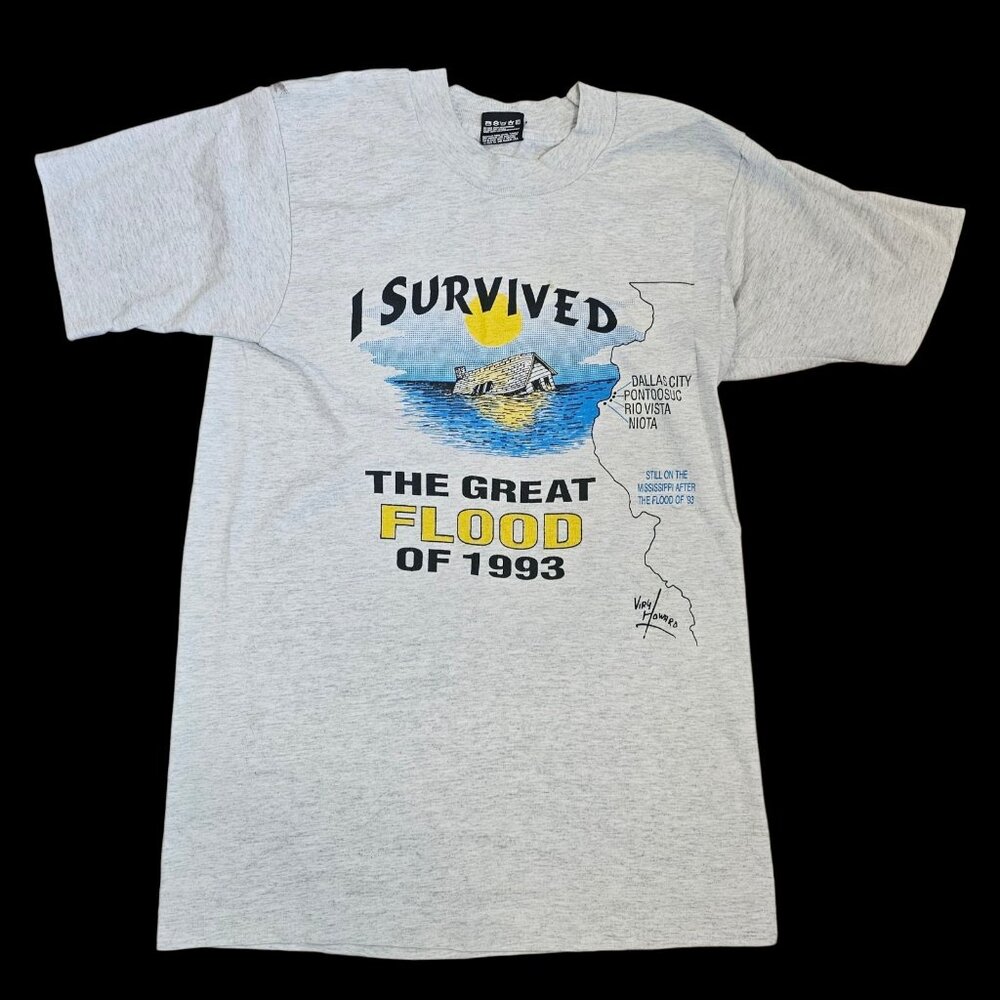 90s Mississippi River Flood Tshirt I Survived Tshirt Shirt Gray Sz S USA - Picture 1 of 11